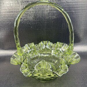 Fenton Colonial Green Glass Thumbprint Basket Ruffles Edges Glass Bowl Vintage